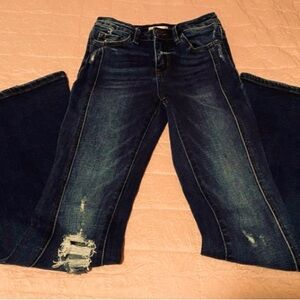 Dark Blue Flare Vervet Jeans with Distressed Detail